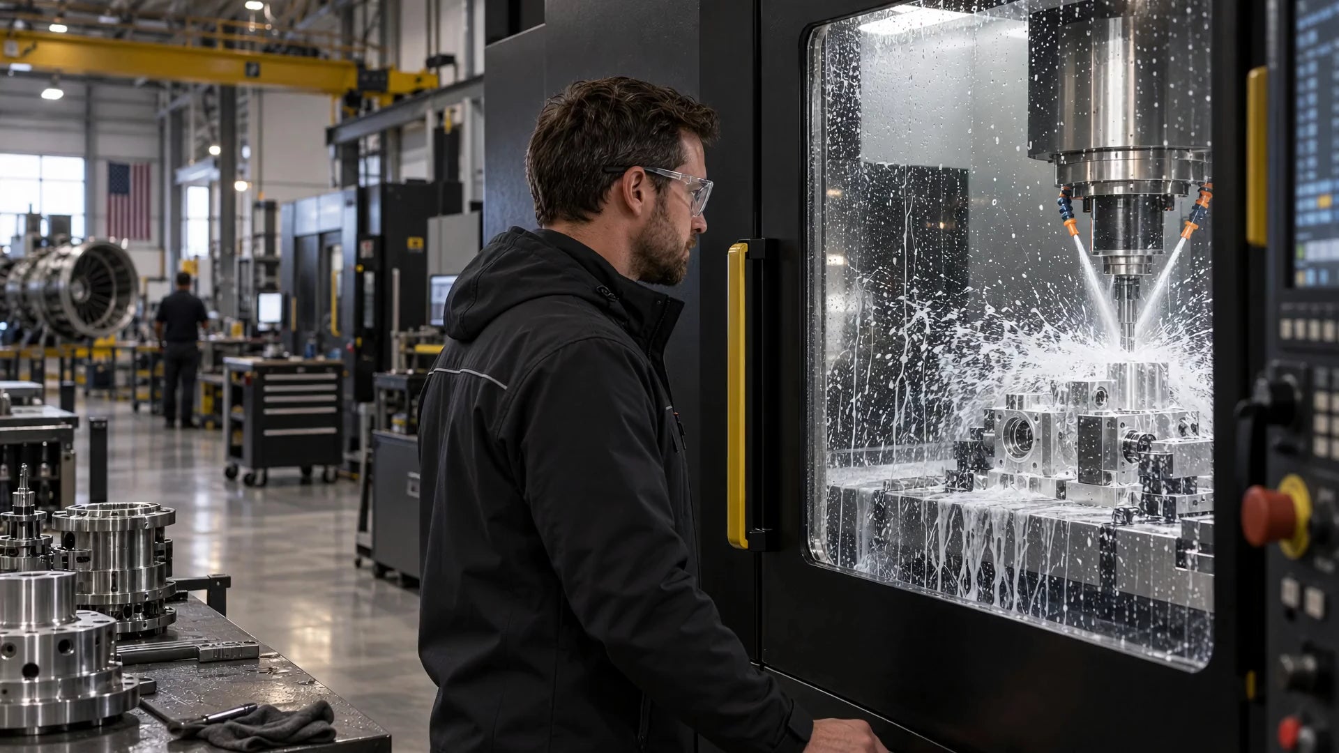 A machinist watches cutting fluid flood a metal component through a closed CNC machine window.