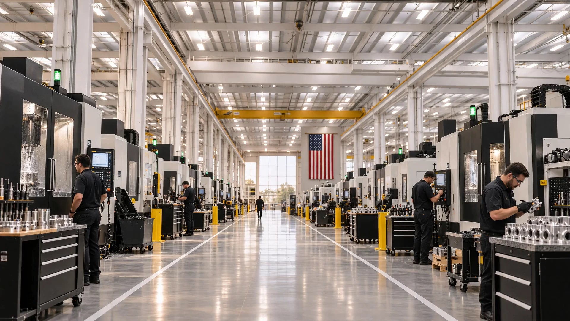 Machinists operate enclosed CNC machines along a production aisle beneath a vertical American flag.