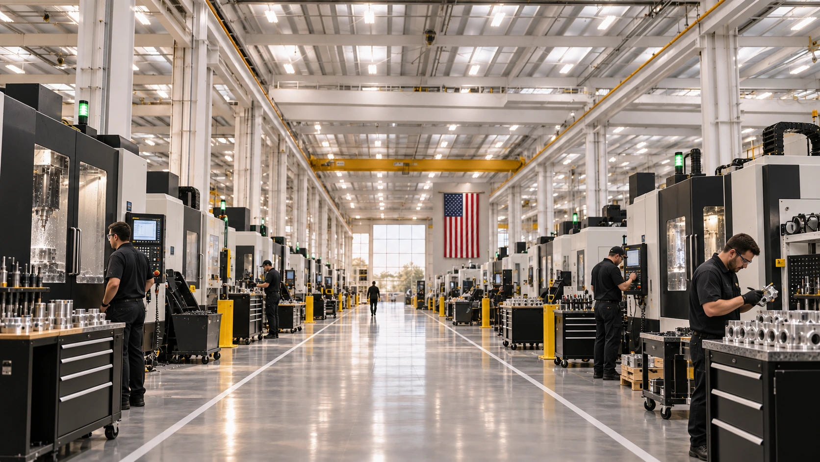 Machinists operate enclosed CNC machines along a production aisle beneath a vertical American flag.