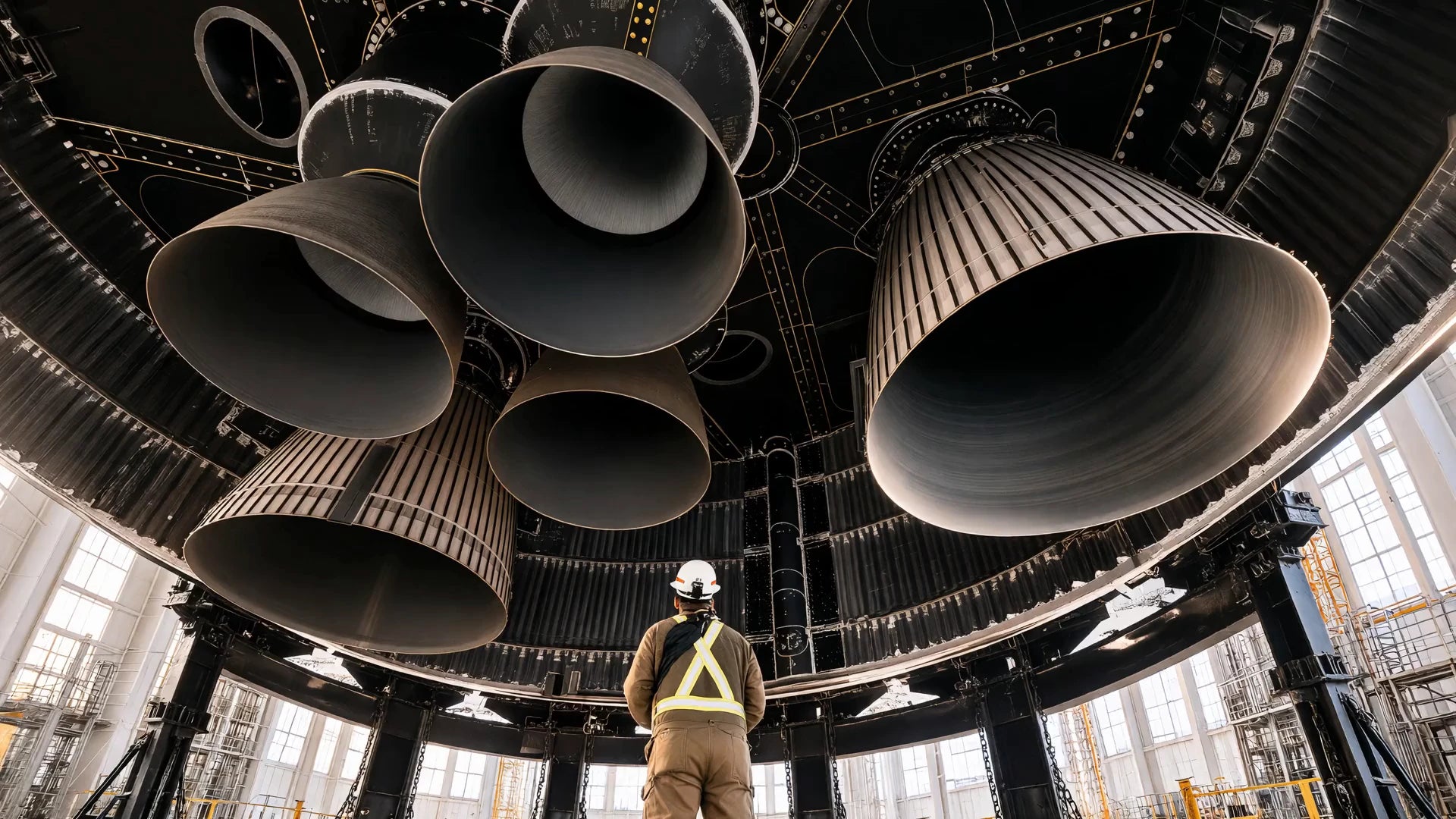 A worker inspects a cluster of large rocket engines inside a manufacturing facility.