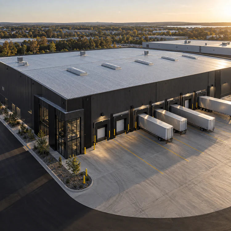 Aerial view of a charcoal industrial distribution facility with freight trailers at its loading docks.