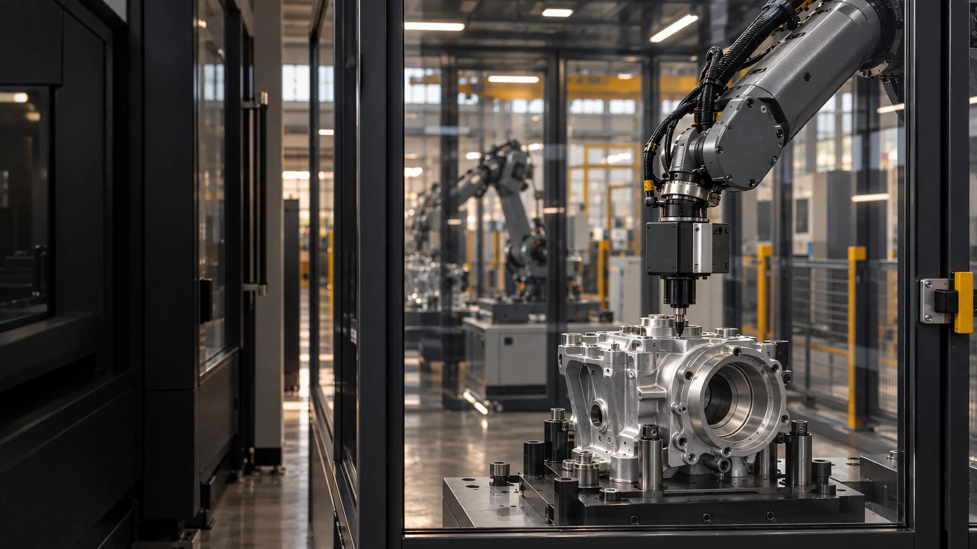 An industrial robot works on a metal housing inside a closed safety enclosure.